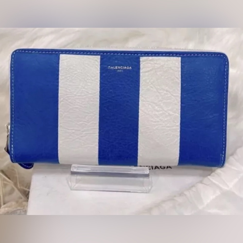 NEW Balenciaga Blue and White Striped Zip Around Long Wallet
